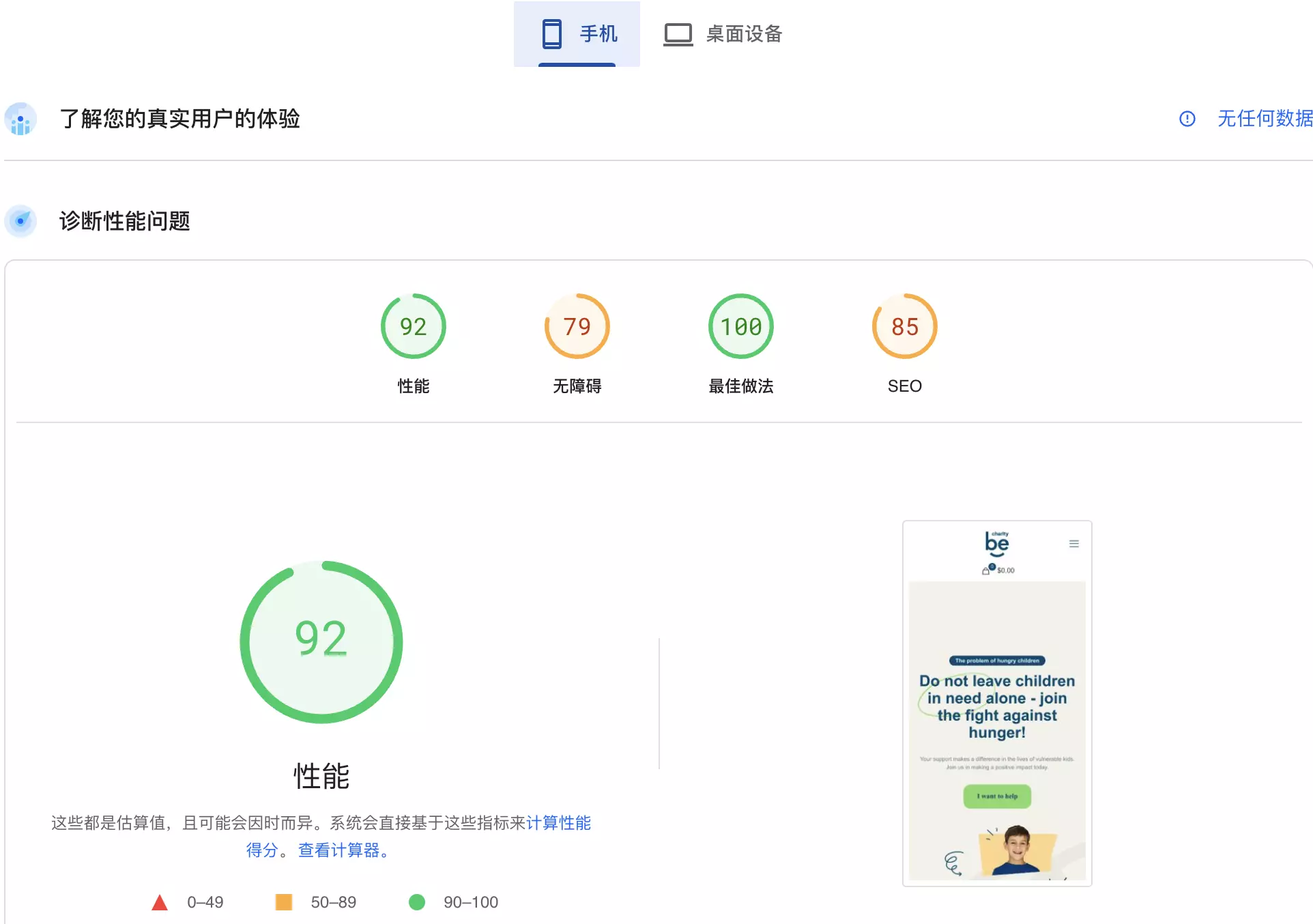 外贸网站 Google PageSpeed Insights 移动端性能评分