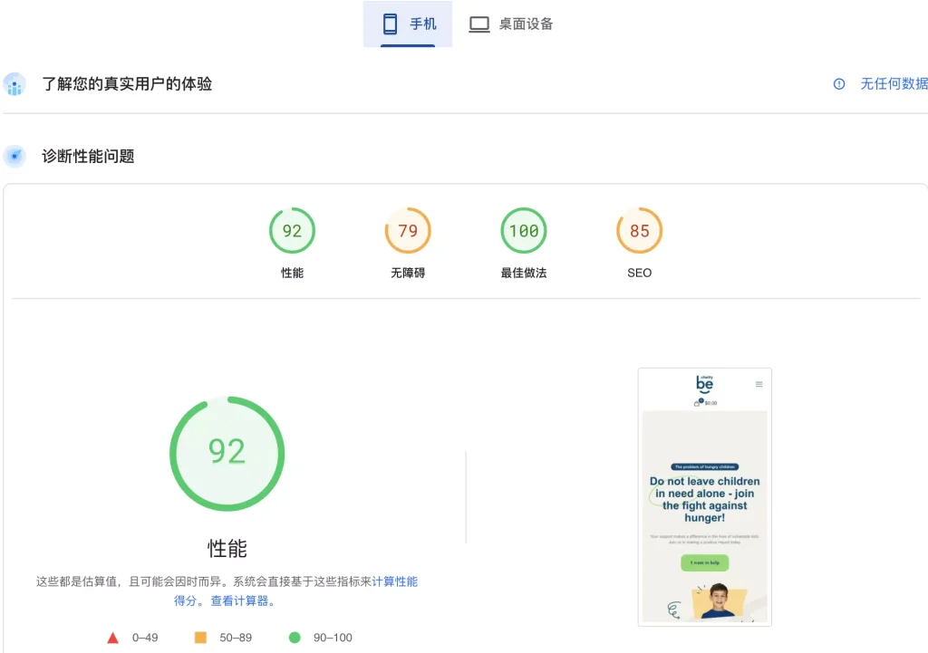 网站谷歌速度评分-移动端