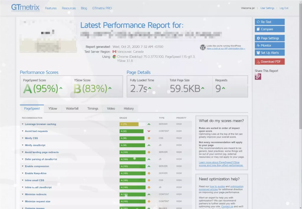 网站GTmetrix评分